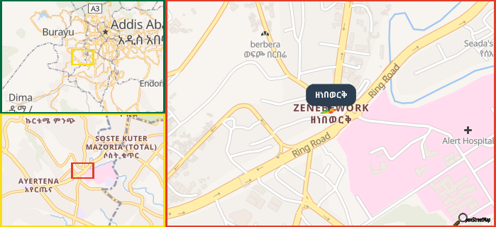 Map showing the address of ዘነበወርቅ in three different zoom levels.