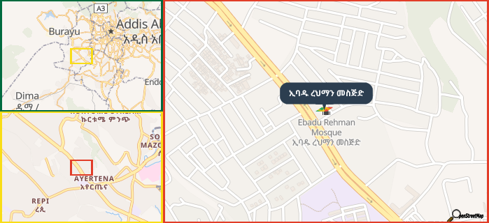Map showing the address of ኢባዱ ረህማን መስጅድ in three different zoom levels.