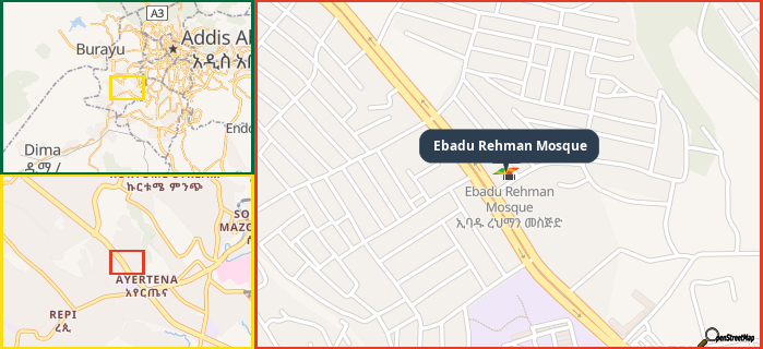 Map showing the address of Ebadu Rehman Mosque in three different zoom levels.