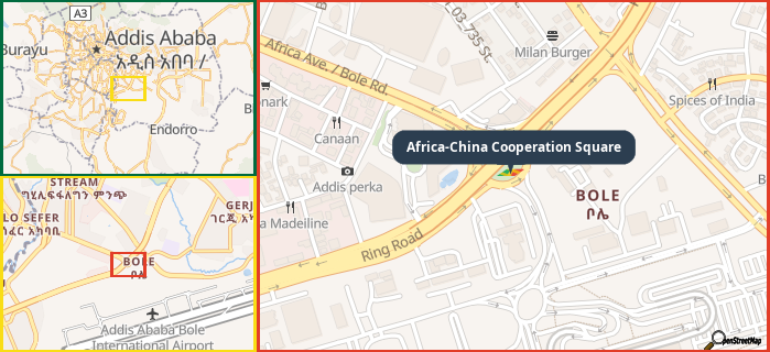 Map showing the address of Africa-China Cooperation Square in three different zoom levels.