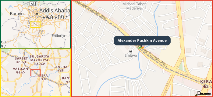 Map showing the address of Alexander Pushkin Avenue in three different zoom levels.