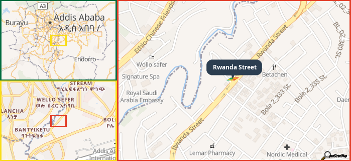 Map showing the address of Rwanda Street in three different zoom levels.