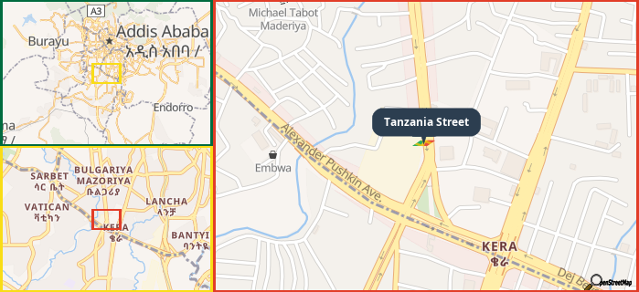 Map showing the address of Tanzania Street in three different zoom levels.