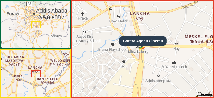 Map showing the address of Gotera Agona Cinema in three different zoom levels.