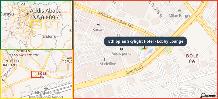 Map showing the address of Ethiopian Skylight Hotel - Lobby Lounge in three different zoom levels.