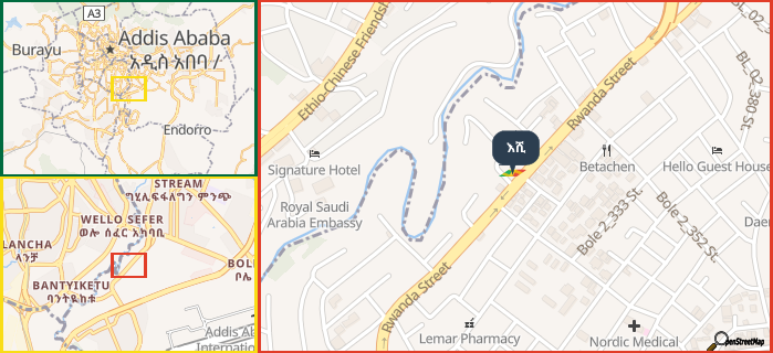 Map showing the address of እሺ in three different zoom levels.