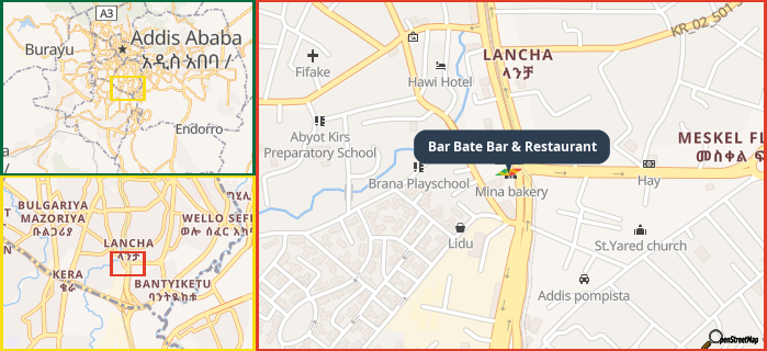 Map showing the address of Bar Bate Bar & Restaurant in three different zoom levels.
