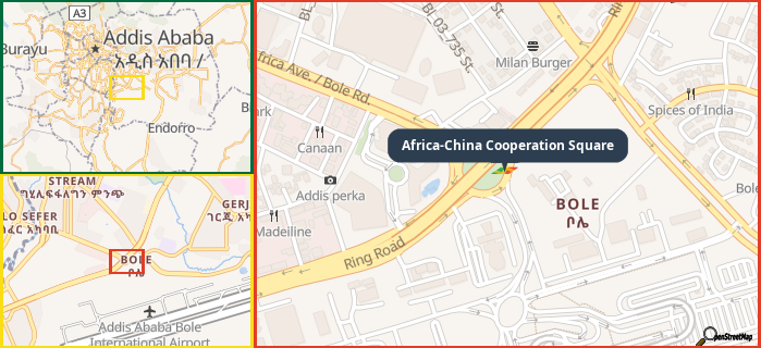 Map showing the address of Africa-China Cooperation Square in three different zoom levels.