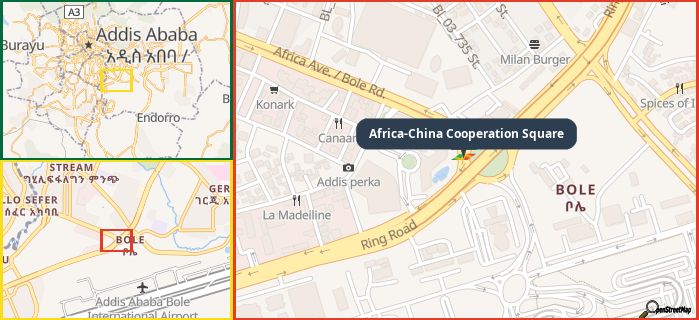 Map showing the address of Africa-China Cooperation Square in three different zoom levels.