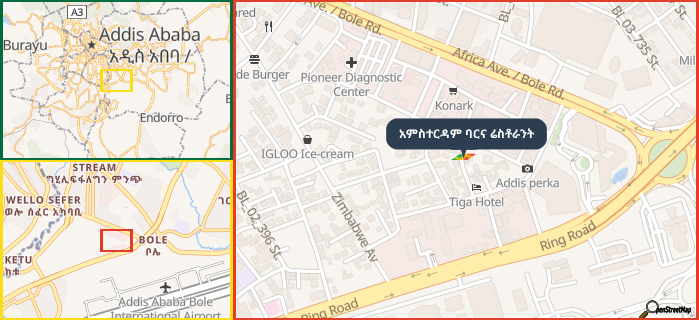 Map showing the address of አምስተርዳም ባርና ሬስቶራንት in three different zoom levels.