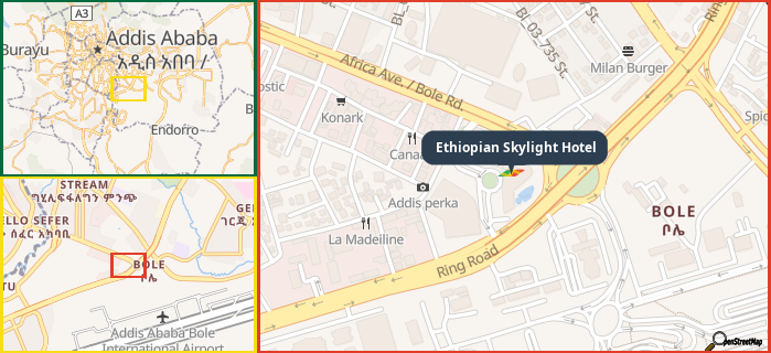 Map showing the address of Ethiopian Skylight Hotel in three different zoom levels.