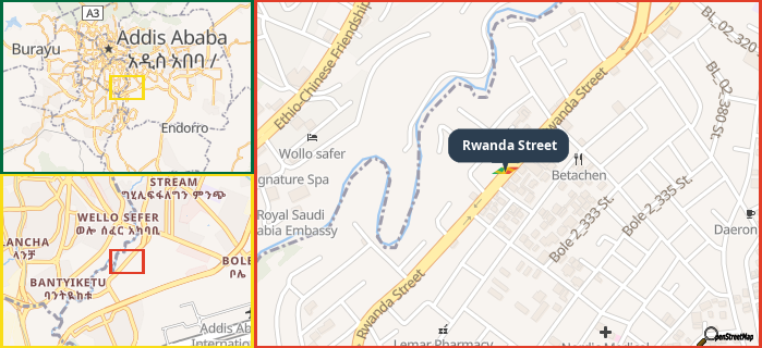 Map showing the address of Rwanda Street in three different zoom levels.