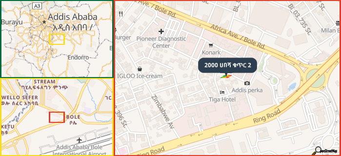 Map showing the address of 2000 ሀበሻ ቁጥር 2 in three different zoom levels.