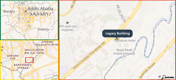 Map showing the address of Legacy Building in three different zoom levels.