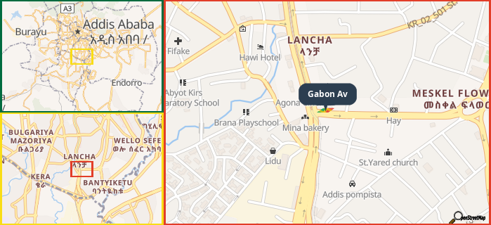 Map showing the address of Gabon Av in three different zoom levels.