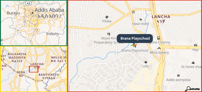 Map showing the address of Brana Playschool in three different zoom levels.