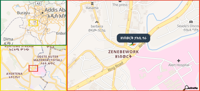 Map showing the address of ዘነበወርቅ ታክሲ ተራ in three different zoom levels.