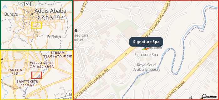 Map showing the address of Signature Spa in three different zoom levels.