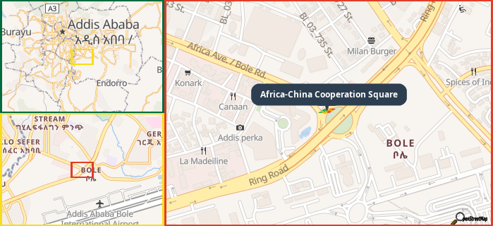 Map showing the address of Africa-China Cooperation Square in three different zoom levels.