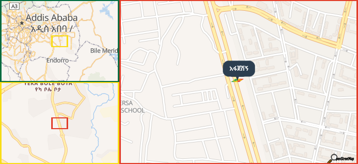 Map showing the address of አፋጀሽኝ in three different zoom levels.