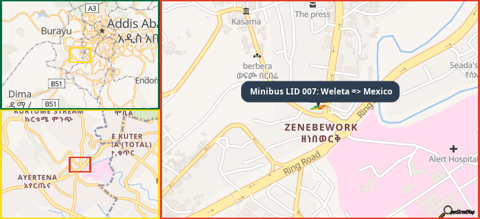 Map showing the address of Minibus LID 007: Weleta => Mexico in three different zoom levels.