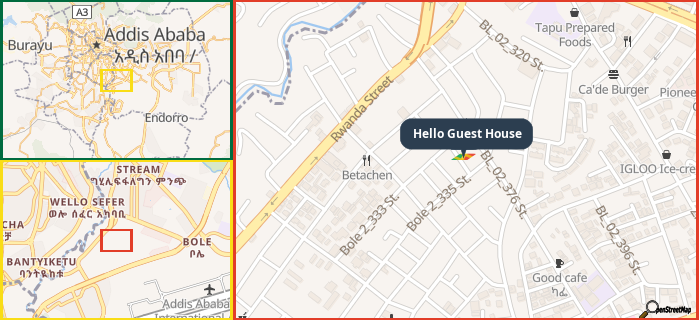 Map showing the address of Hello Guest House in three different zoom levels.