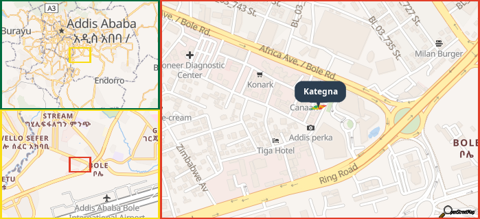 Map showing the address of Kategna in three different zoom levels.