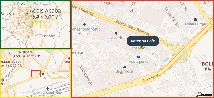 Map showing the address of Kategna Cafe in three different zoom levels.