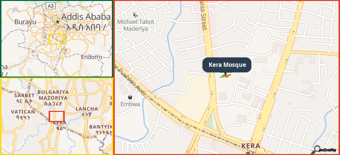 Map showing the address of Kera Mosque in three different zoom levels.
