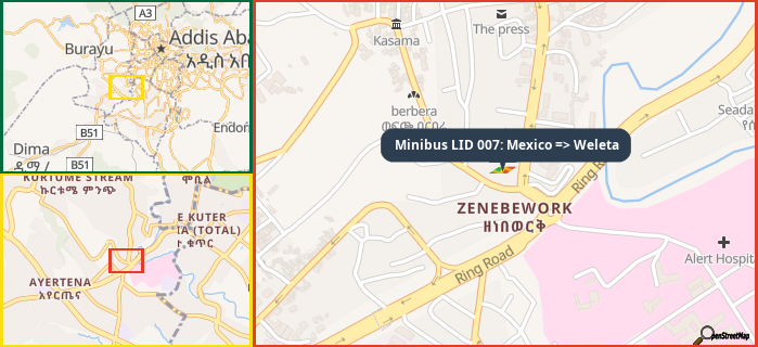 Map showing the address of Minibus LID 007: Mexico => Weleta in three different zoom levels.