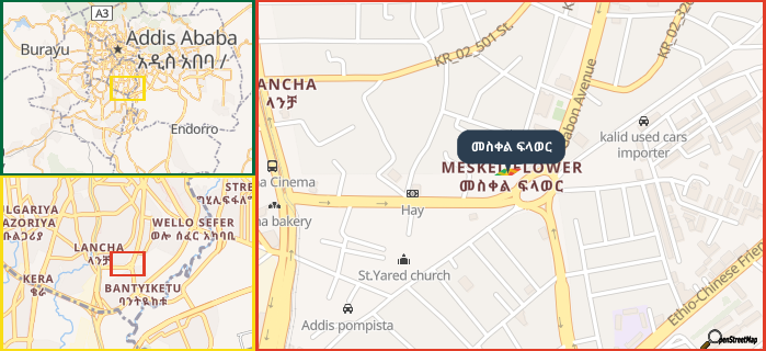 Map showing the address of መስቀል ፍላወር in three different zoom levels.
