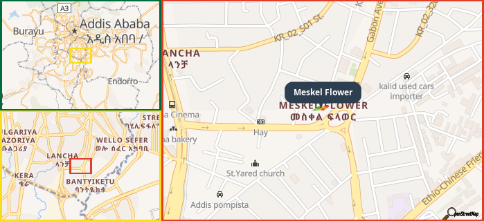 Map showing the address of Meskel Flower in three different zoom levels.