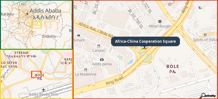 Map showing the address of Africa-China Cooperation Square in three different zoom levels.