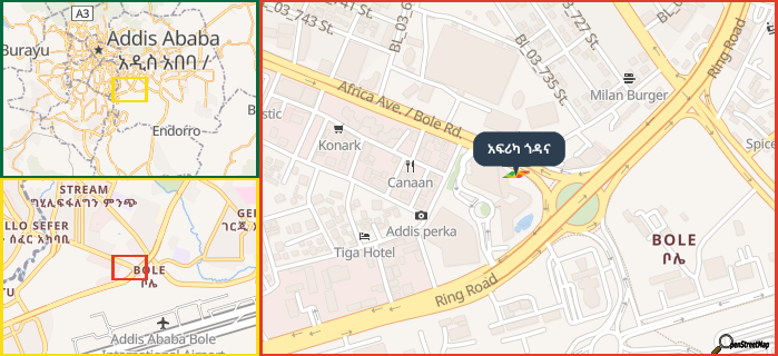 Map showing the address of አፍሪካ ጎዳና in three different zoom levels.
