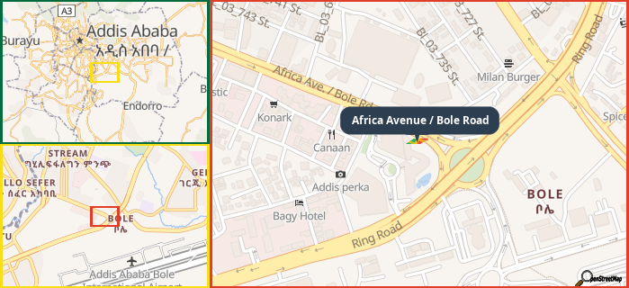 Map showing the address of Africa Avenue / Bole Road in three different zoom levels.