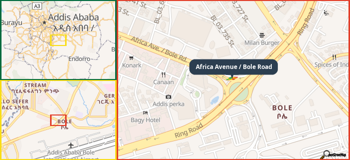Map showing the address of Africa Avenue / Bole Road in three different zoom levels.