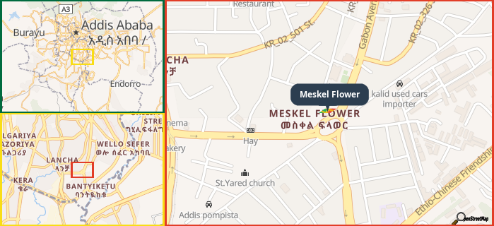 Map showing the address of Meskel Flower in three different zoom levels.