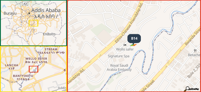 Map showing the address of B14 in three different zoom levels.