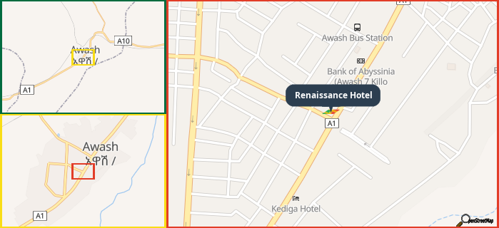 Map showing the address of Renaissance Hotel in three different zoom levels.