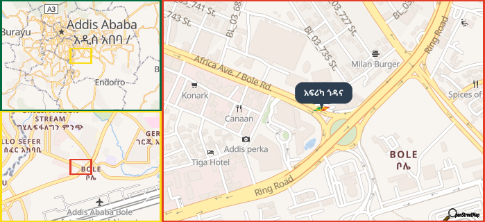 Map showing the address of አፍሪካ ጎዳና in three different zoom levels.