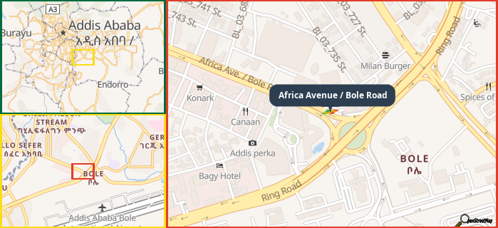 Map showing the address of Africa Avenue / Bole Road in three different zoom levels.