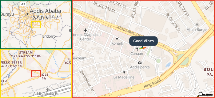 Map showing the address of Good Vibes in three different zoom levels.