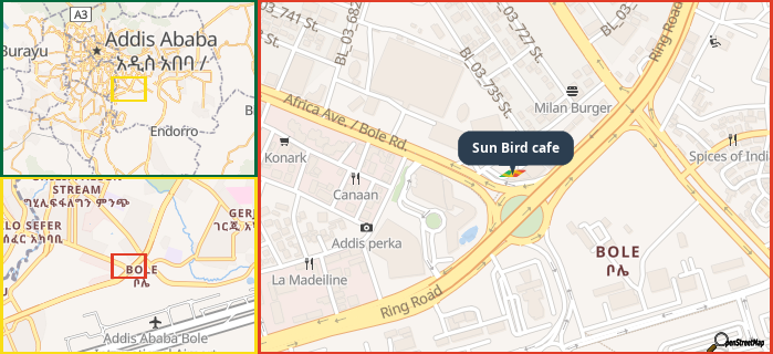 Map showing the address of Sun Bird cafe in three different zoom levels.