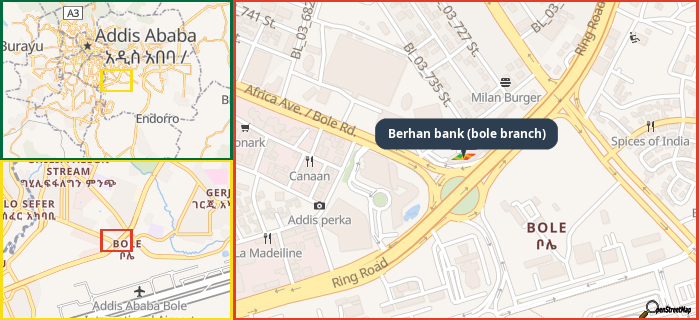 Map showing the address of Berhan bank (bole branch) in three different zoom levels.