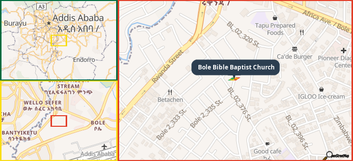 Map showing the address of Bole Bible Baptist Church in three different zoom levels.