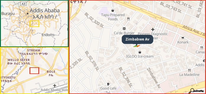 Map showing the address of Zimbabwe Av in three different zoom levels.