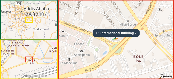 Map showing the address of TK International Building 2 in three different zoom levels.