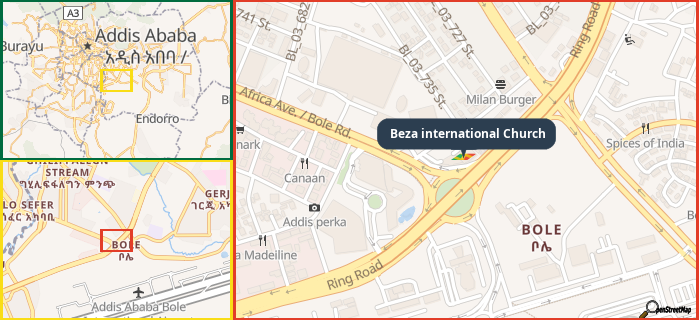 Map showing the address of Beza international Church in three different zoom levels.