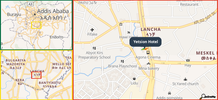 Map showing the address of Yetsion Hotel in three different zoom levels.