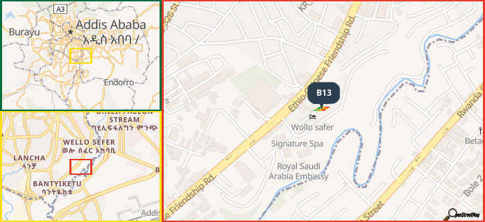 Map showing the address of B13 in three different zoom levels.